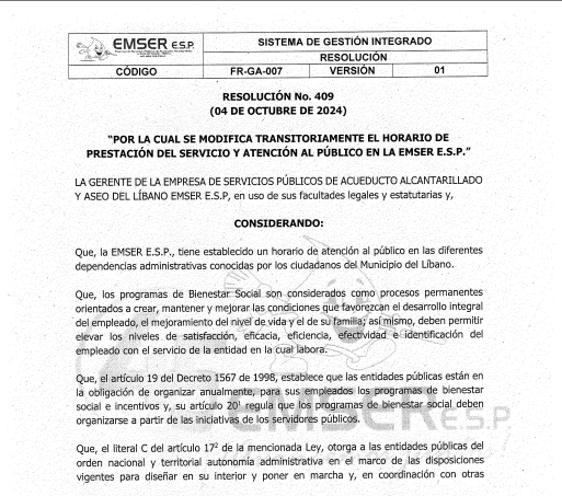 RESOLUCION No 409 MODIFICACION TRANSITORIA DEL HORARIO