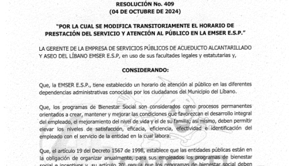 RESOLUCION No 409 MODIFICACION TRANSITORIA DEL HORARIO